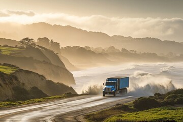 Obraz premium Blue truck drives coastal highway during storm.