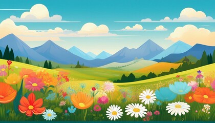 Fototapeta premium Cheerful nature landscape with copy space. Banner with spring, summer flowers field. Landscape with mountains and clouds