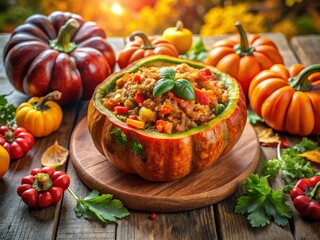 Aerial View: Autumn Harvest Baked Pumpkin Stuffed with Zucchini, Bell Peppers, and Ground Meat