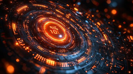 Obraz premium Futuristic Technology Interface: Digital Circuitry and Glowing Orange Lights