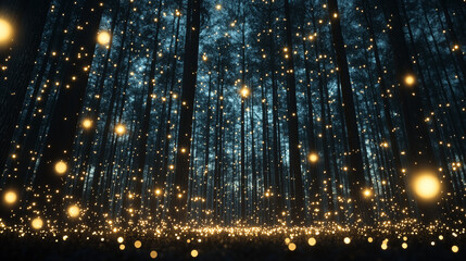 Naklejka premium Enchanted Forest: A mesmerizing vista of a dense, ancient forest, illuminated by a magical cascade of twinkling lights, creating an ethereal and dreamlike atmosphere. 