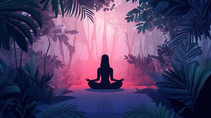 Yoga, meditation, stretching and Pilates. Vector cute illustration of woman in lotus position exercising in studio with tropical plants for banner, background, poster or flyer