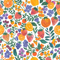 Seamless pattern of colorful fruits and leaves in a playful style on a white background
