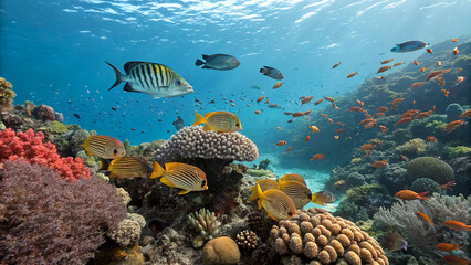 Fototapeta premium A Vibrant Underwater Oasis. Dive into this breathtaking, digitally rendered scene of a thriving coral reef.