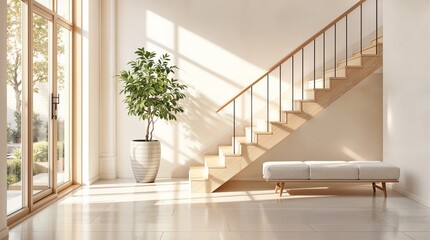 Bright Contemporary Entryway with Wooden Stairs and Minimalist Decor - 1