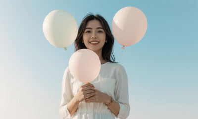 young woman joyfully holds pastel balloons against clear blue sky, creating serene and cheerful...