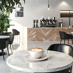 Fototapeta premium Elegant White Marble Table Displaying Luxurious Texture and Subtle Veining in a Bright and Airy Contemporary Interior Setting with Natural Light