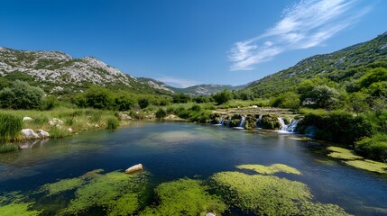 Serene mountain river flows through lush green valley