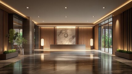 Fototapeta premium Modern hotel lobby with marble reception desk, wood paneling, and sleek lighting.