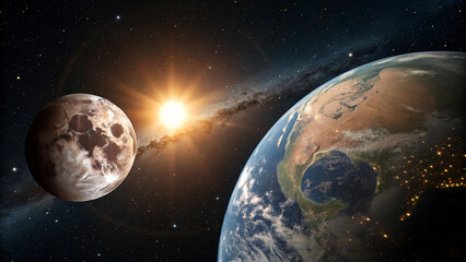 Luna eclipse in space concept showing the moon, planet Earth and the bright sun, panoramic