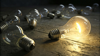 One of Lightbulb glowing among shutdown light bulb in dark area with copy space for creative thinking , problem solving solution and outstanding concept by 3d rendering technique