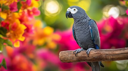 Obraz premium Grey parrot perched on a branch amidst vibrant flowers.