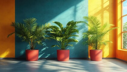 Three Potted Plants in Room with Teal and Yellow Walls and Sunlight