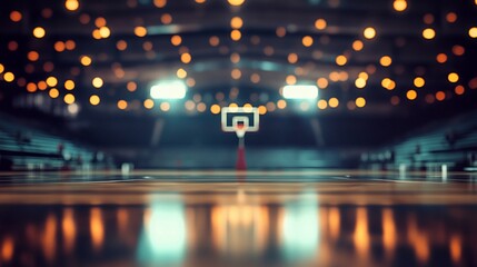 Fototapeta premium Empty basketball court at night, blurry lights.
