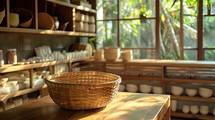 Fototapeta premium A large, oval-shaped besek basket filled with local foods or handmade items. The bamboo's rustic look, decorated edges, and natural light create a warm, inviting atmosphere in a wooden counter setting