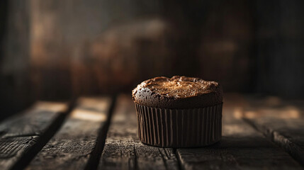 Delicious chocolate muffin on rustic wooden table in warm and inviting light