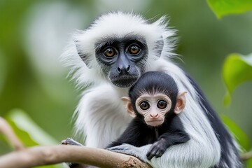 Black-and-white colobus monkey mother and baby.
