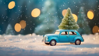 Toy blue car with Christmas tree on snowy meadow on background of christmas trees 