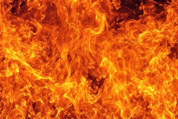 Bright orange and yellow flames in a chaotic pattern, glowing vividly on a dark background. Concept of energy, heat, and combustion. Ai generative