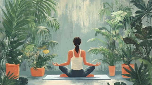 Yoga, meditation, stretching and Pilates. Vector cute illustration of woman in lotus position exercising in studio with tropical plants for banner, background, poster or flyer