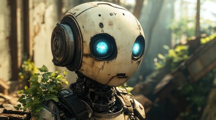 Fototapeta premium Robot with glowing blue eyes amidst overgrown vegetation