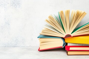 Colorful Books with Open Pages on Light Background for Education and Reading Themes