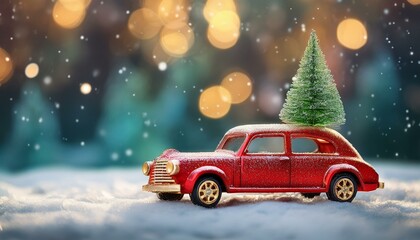 Toy red car with Christmas tree on snowy meadow on background of christmas trees 