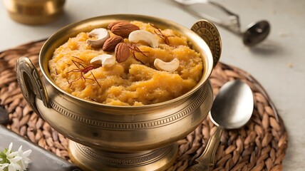 Delicate rawa kesari garnished with cashews, raisins, and saffron, served in a brass bowl with festive decorations in background