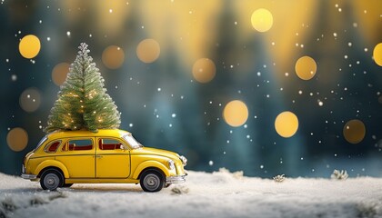 Toy yellow car with Christmas tree on snowy meadow on background of christmas trees 