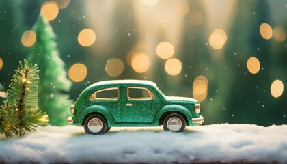Toy green car with Christmas tree on snowy meadow on background of christmas trees 
