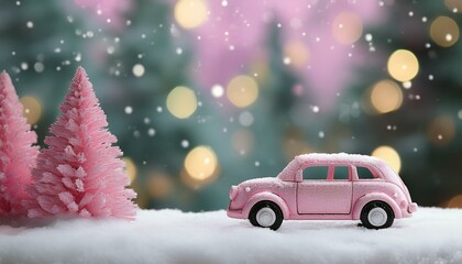 Toy pink with Christmas tree on snowy meadow on background of christmas trees