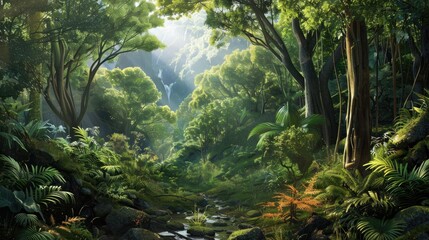 A diverse forest ecosystem with trees, plants, and wildlife, showcasing the beauty of nature