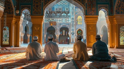 A family gathering for Eid-al-Adha prayer in a beautifully decorated mosque