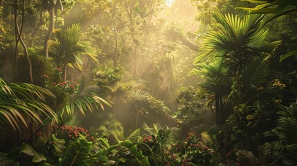 Naklejka premium A diverse forest ecosystem with trees, plants, and wildlife, showcasing the beauty of nature