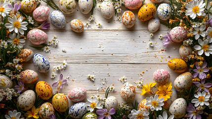 vibrant Easter table setup featuring colorful speckled eggs and fresh spring flowers arranged in circular pattern on rustic wooden surface, evoking joy and festivity