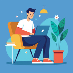 man working on his laptop, vector illustration	