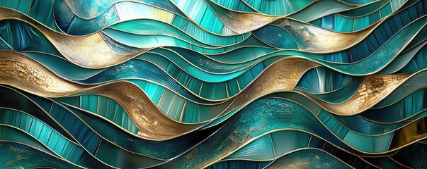Mosaic abstract background idea. Abstract waves in vibrant turquoise and gold create dynamic visual rhythm.