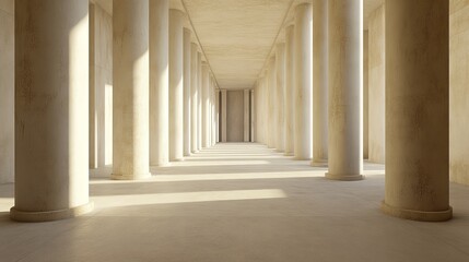Sunlit colonnade interior with classical columns and beige walls.