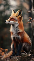Fototapeta premium A red fox sitting in the woods, looking towards the left, with a blurred forest background