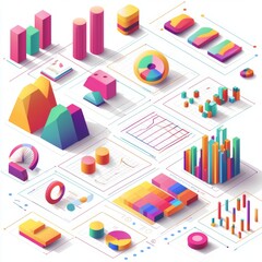 Colorful Data Visualization Elements Including Graphs, Charts, and 3D Shapes for Modern Digital Analysis