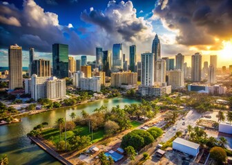 Naklejka premium Aerial View Downtown Miami Post-Hurricane Irma: Bokeh Effect 4K Stock Photo