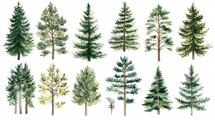 Hand-painted botanical illustrations of various evergreen tree species on white background