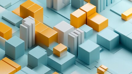 Abstract 3D rendering of blue, white, and orange cubes.