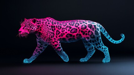 Naklejka premium Neon pink and blue jaguar walking in dark background.
