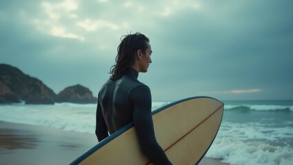 A surfer with long hair holding a surfboard on the beach during a cloudy evening, evokes adventure and freedom.