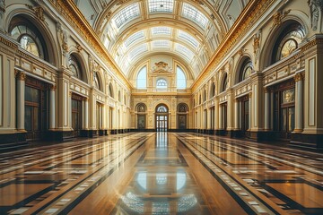 Obraz premium Grand opulent hall with high arched ceilings, marble floors, and golden details.