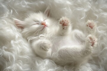 Obraz premium Adorable white kitten sleeping soundly on fluffy white blanket.