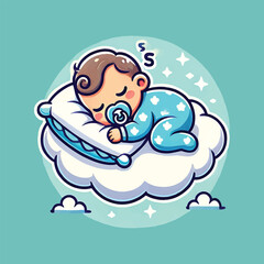 
Cute Baby Sleeping On Cloud Pillow Cartoon Icon Illustration.
