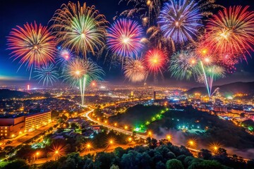 Aerial View Festive Fireworks Display Sparkling Holiday Night