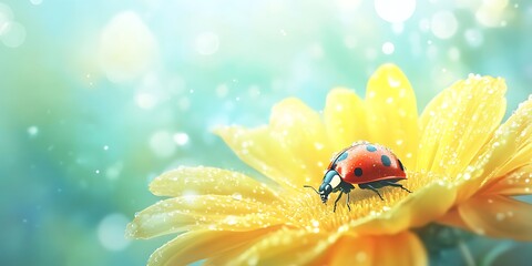 Naklejka premium A ladybug crawling on a bright yellow flower, dew drops glistening on the petals, with an open sky area for text.